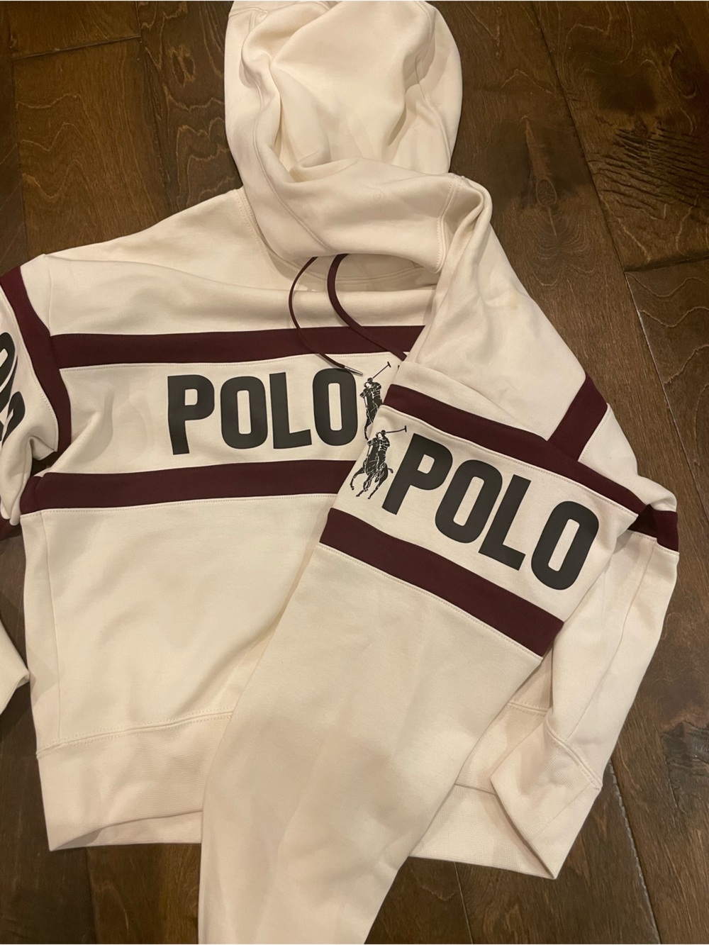 Polo by Ralph Lauren Cream Hoodie with Burgundy Stripes. Matching Pants availabl - Picture 2 of 3